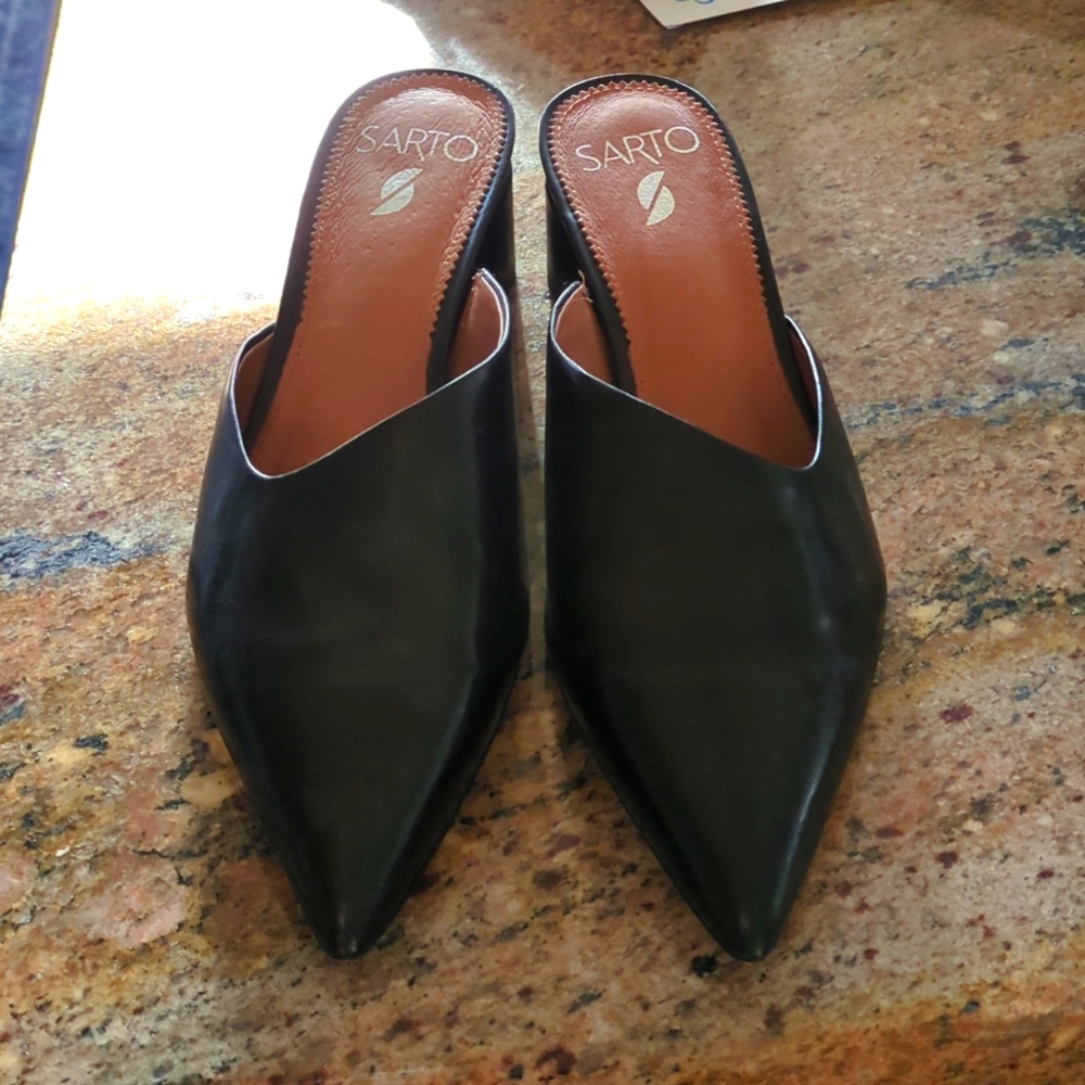 Sarto black leather pointy toe mules